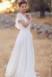 Elegant A-Line Ivory Flower Cap Sleeve V-Neck Chiffon Open Back Wedding Dresses