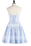 Light Sky Blue Strapless Satin Lace up Knee Length with Pockets Homecoming Dresses