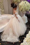 Ball Gown Round Neck Long Sleeves Tulle Bowknot Flower Girl Dress with Appliques