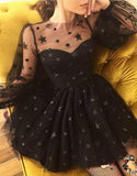 A Line Long Sleeves Tulle Sweetheart Spaghetti Straps with Flowers Black Homecoming Dresses