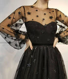 A Line Long Sleeves Tulle Sweetheart Spaghetti Straps with Flowers Black Homecoming Dresses