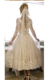 Vantage A Line V-Neck Long Sleeve Tea Length White Lace Princess Wedding Dresses